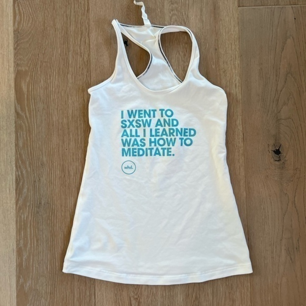 Lululemon White Racer Back Tank Top with Blue Text SXSW Austin